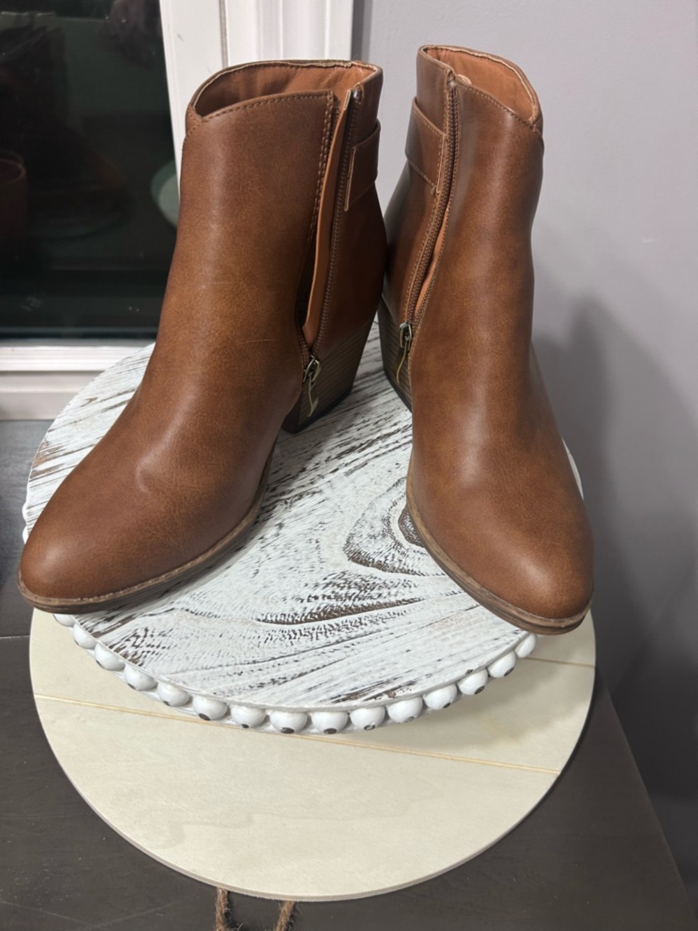 Classic Tan Faux Leather Ankle Booties with Side Zip - Picture 4 of 6